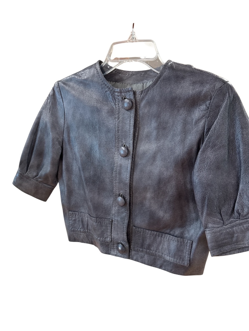 Girls Short Sleeve Leather Jacket in Charcoal Gray